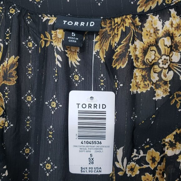 NEW Torrid Black Gold Floral Sheer Blouse Office Work Boho Long Sleeve Top - Picture 4 of 11